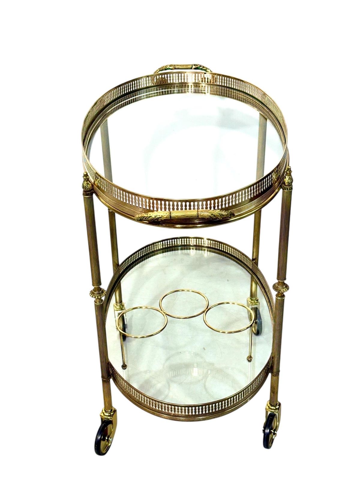 photo for sale Small French Oval Gilt Brass Bar Cart, Circa 1950