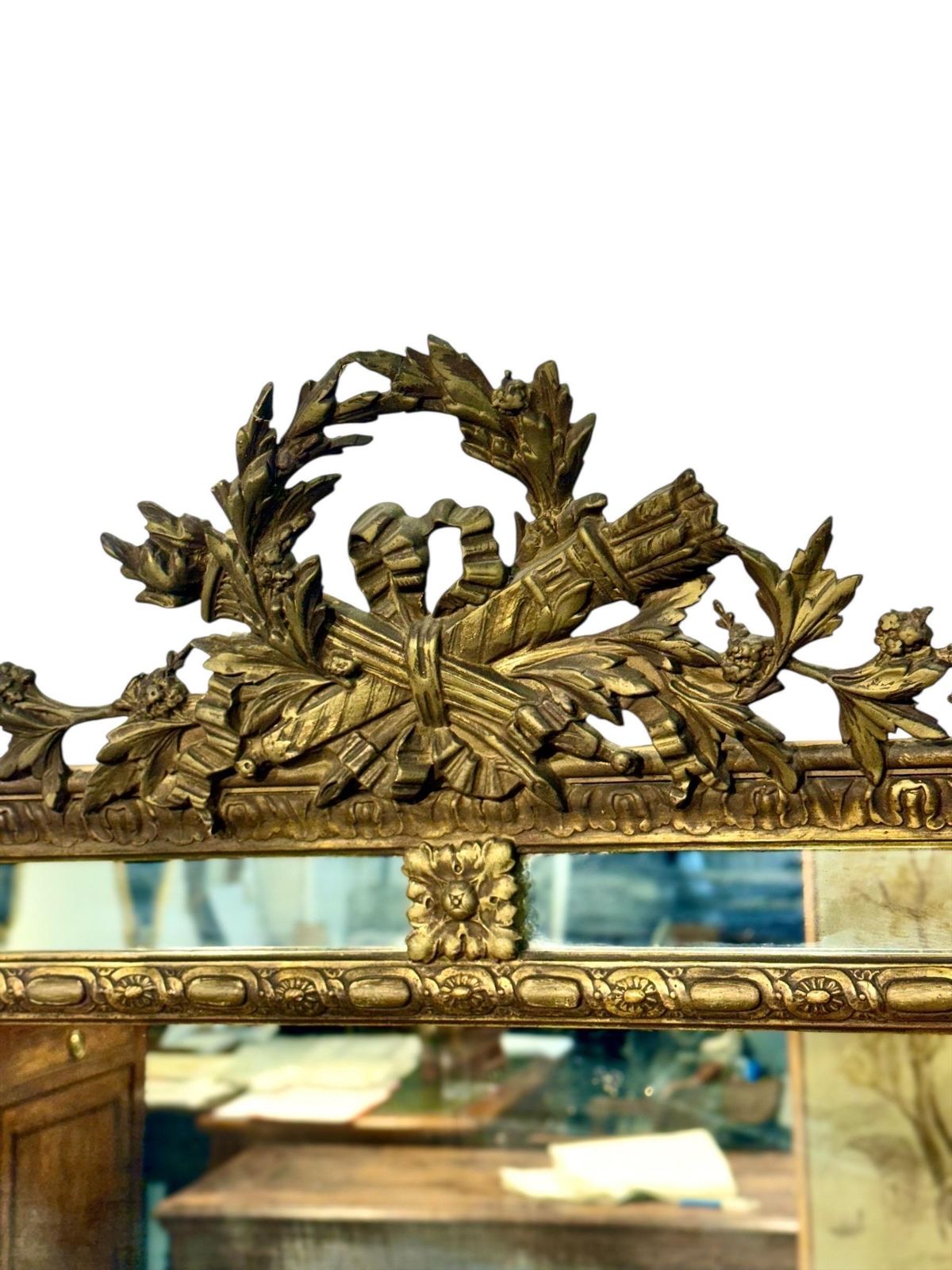 photo buy Large Napoléon III Giltwood Mirror With Laurel Crest, And Aged Glass