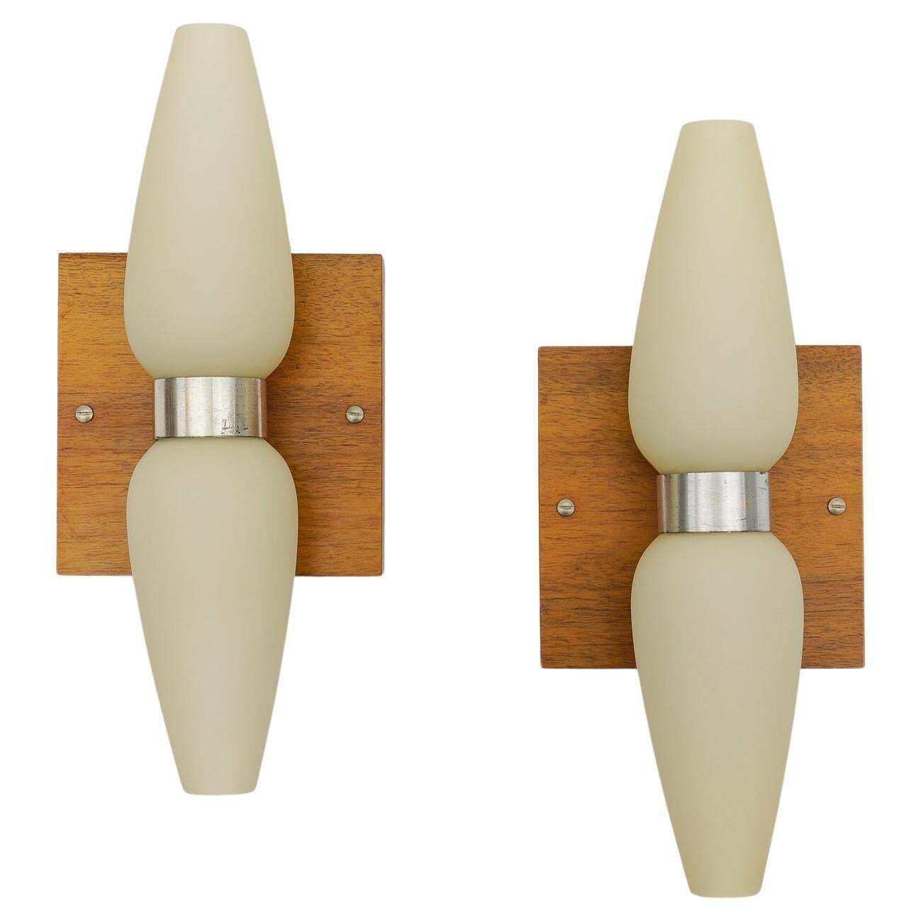 Pair Of Wood And Opaline Glass Wall Lamps By Temde, Switzerland, 1960s