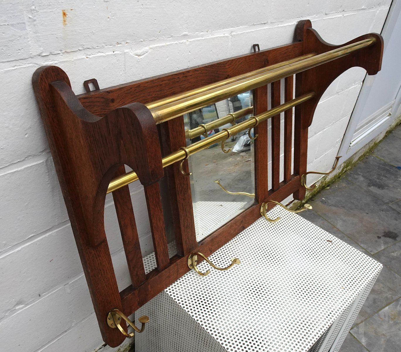 Art Deco Wall Coat Rack In Belgian Oak And Brass, 1920s photo 649.0