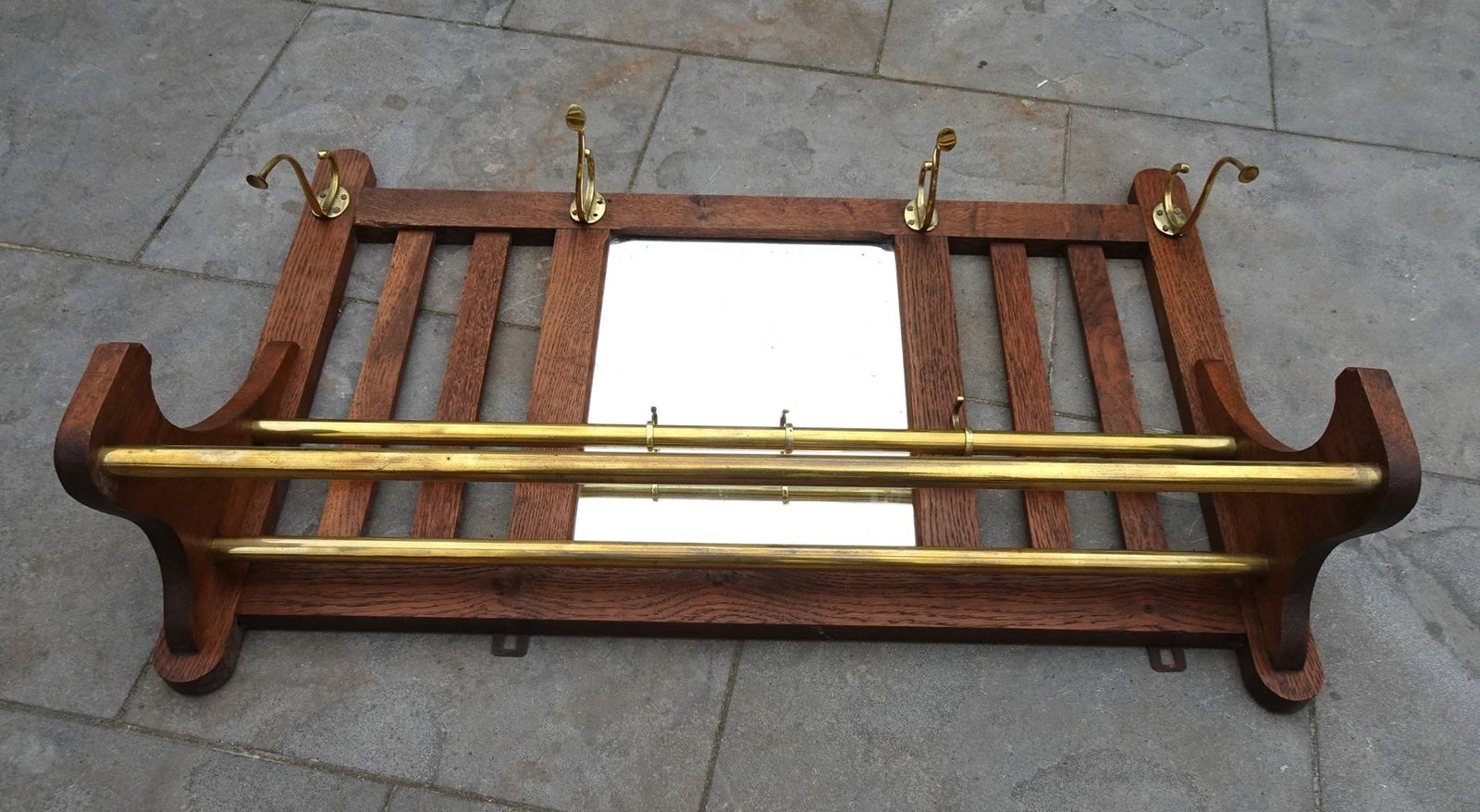 Art Deco Wall Coat Rack In Belgian Oak And Brass, 1920s photo vintage