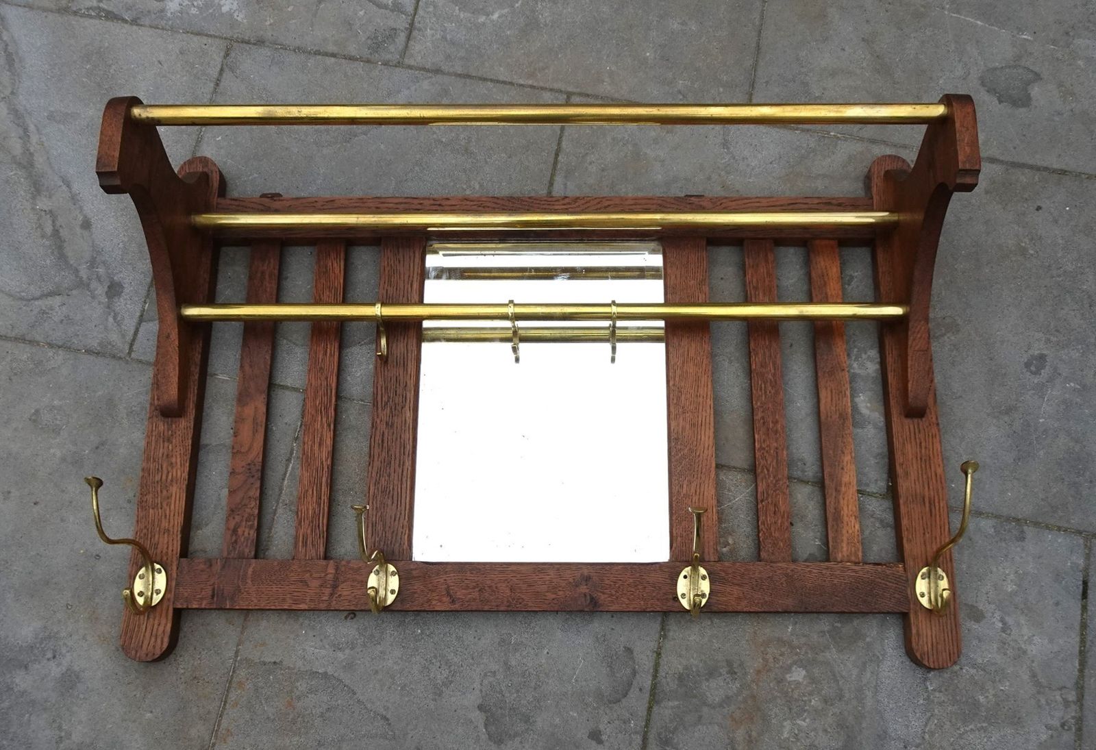 photo furniture Art Deco Wall Coat Rack In Belgian Oak And Brass, 1920s