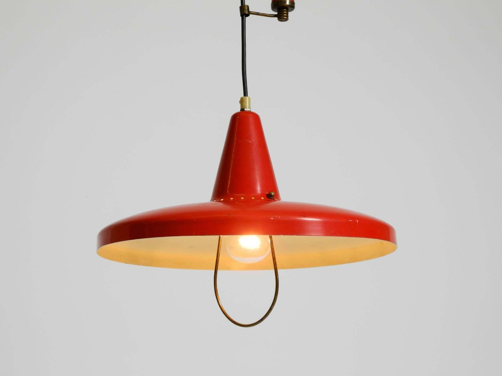 photo furniture Mid Century Modern Red Aluminum Pendant Lamp, Height Adjustable, Italy, 1950
