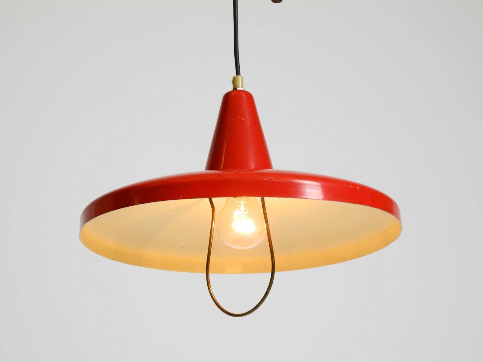 photo for sale Mid Century Modern Red Aluminum Pendant Lamp, Height Adjustable, Italy, 1950