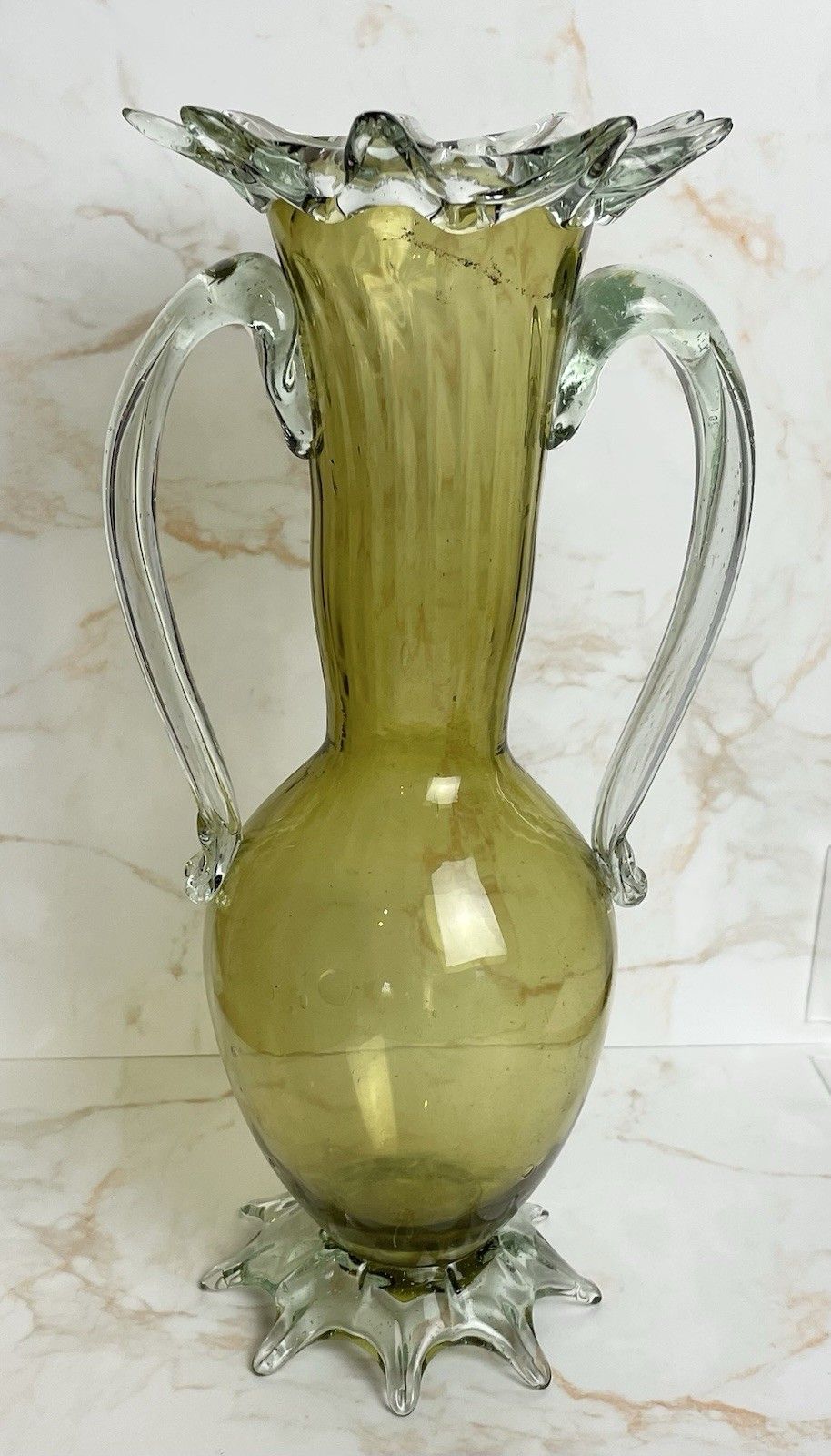 Large Vintage Hand Blown Venetian Murano Green Twin Handled Vase photo furniture