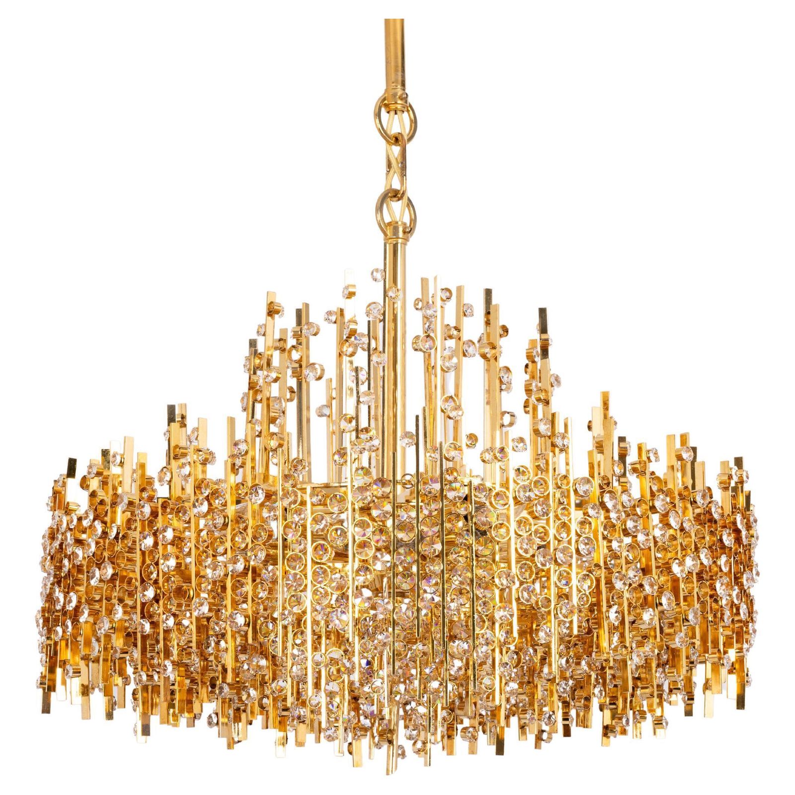 Large Gilt Brass And Crystal Chandelier, By Palwa, Germany, 1970s