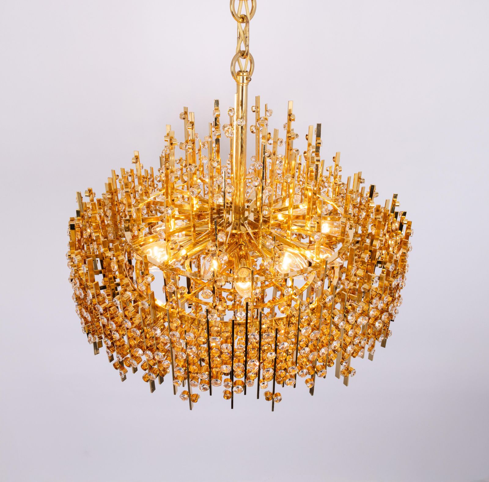 Lighting Large Gilt Brass And Crystal Chandelier, By Palwa, Germany, 1970s photo