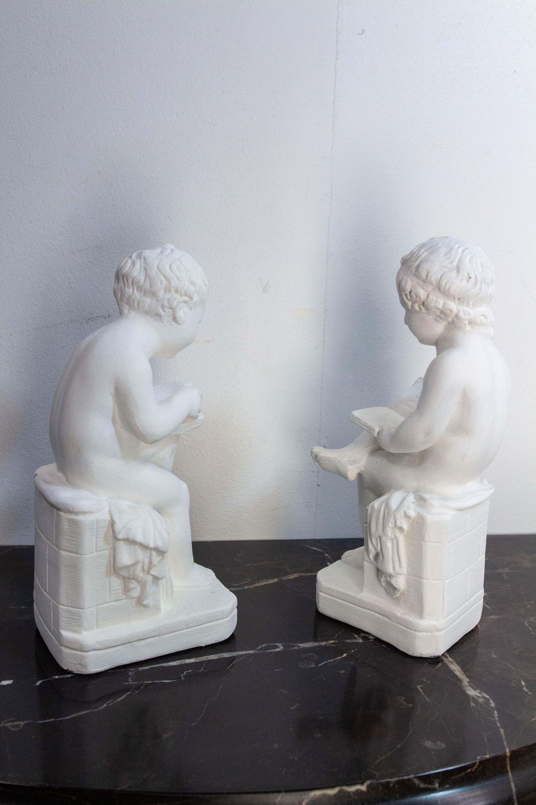 Pair Of Painted Plater Cherubs Book End France, Late 19th Century photo vintage