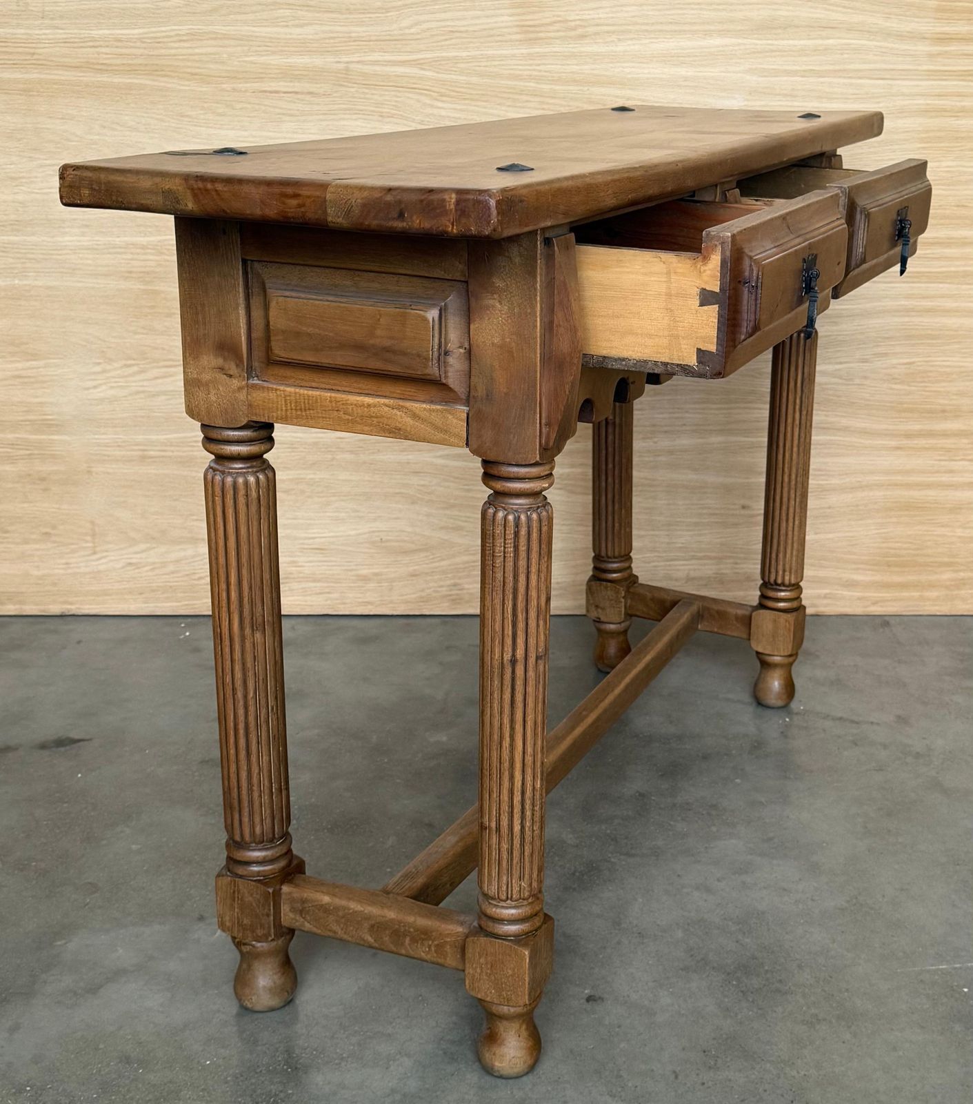 photo for sale Early 20th Century Spanish Carved Light Walnut Console Table With Fluted Legs