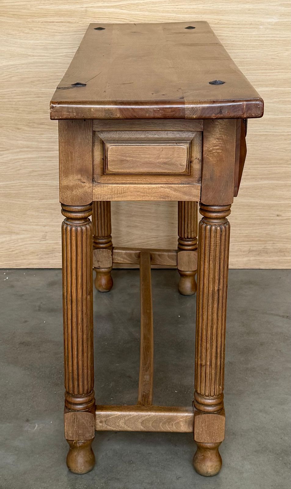 photo buy Early 20th Century Spanish Carved Light Walnut Console Table With Fluted Legs