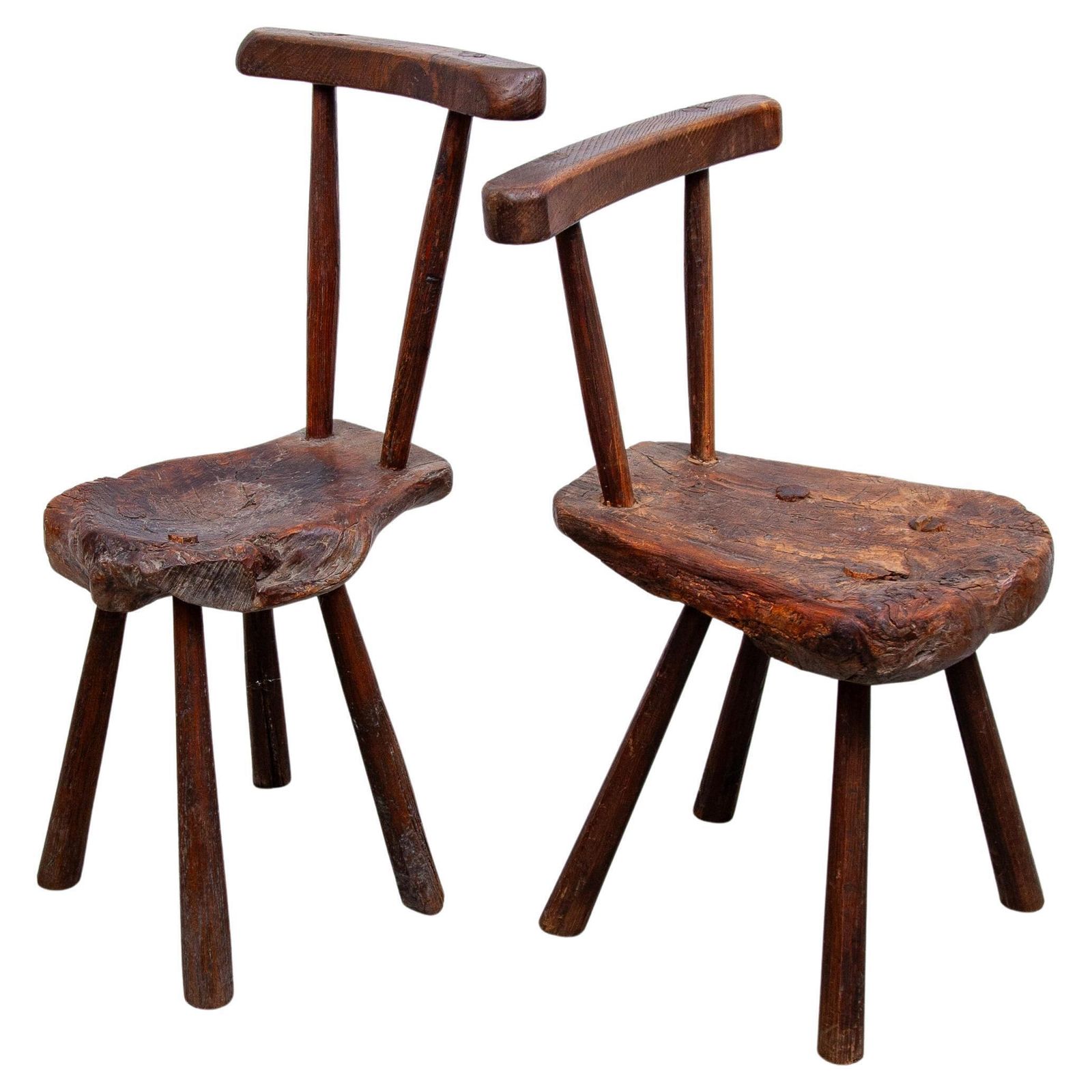 Brutalist Country Style Solid Wooden Chairs Hand Crafted 19th Century Auvergne