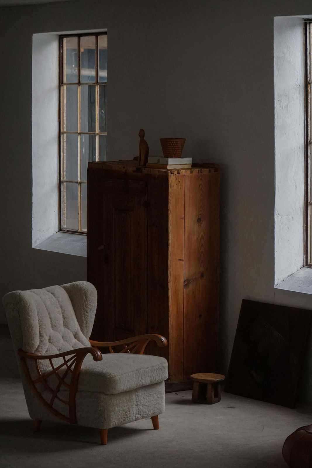 Furniture Pair Of Swedish Modern Lounge Chairs, Shearling Lambswool & Elm, 1940s photo
