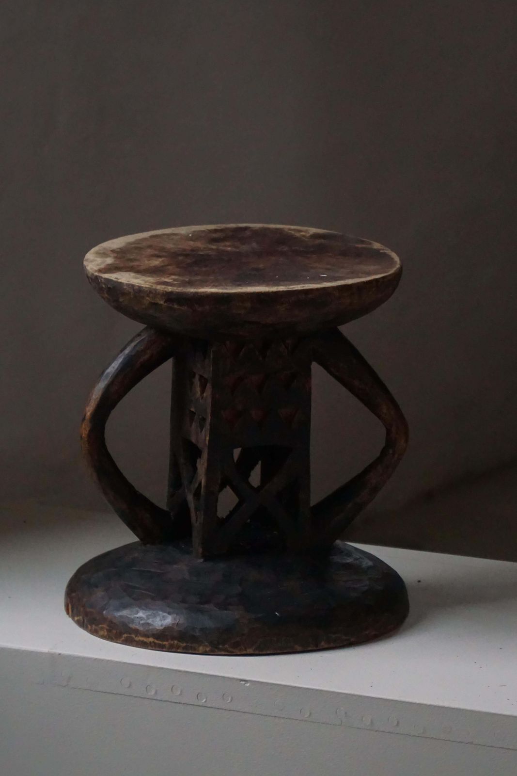 Carved Tonga (Batonga) Hardwood Stool With Geometric Motifs, 20th Century, 1960s photo vintage