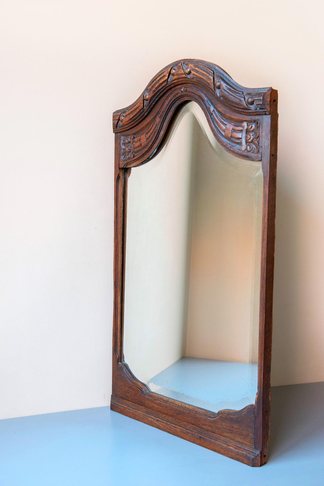 Large Antique Art Deco Belgian Mirror With Beveled Glass – Arched Hand Carved Oak Frame, 1920s photo buy