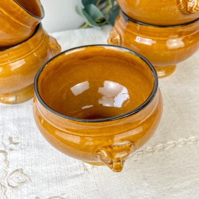 5 Vintage Emile Henry Lion Head Ceramic Onion Soup Bowls   Honey And Black, Made In France   Traditional Elegance photo vinterior