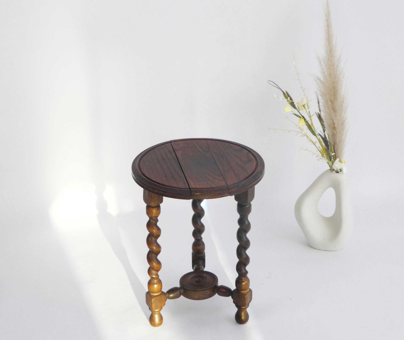 Antique Round Barley Twist Wooden Table, Small Plant Stand With Turned Legs, Farmhouse Decor photo for sale