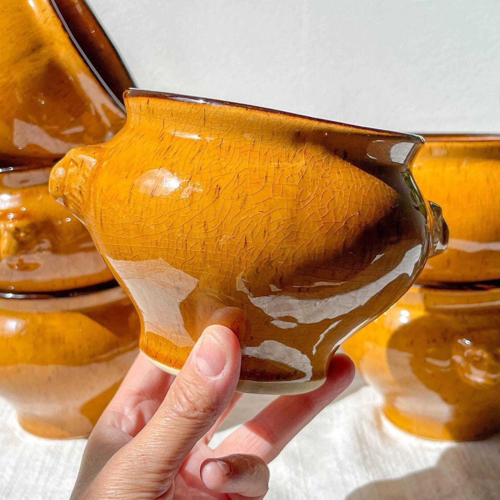 5 Vintage Lion Head Bowls In Speckled Ochre Stoneware Emile Henry Style – Made In France – Soup Bowls, Retro Tableware, Stoneware Bowl photo for sale