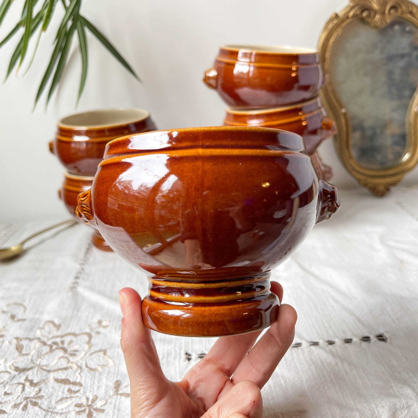 6 Vintage Brown Emile Henry Style Ceramic Lion Head Bowls Made In France     Vintage Onion Soup Bowls   Stoneware Gratin Bowl photo 64.0