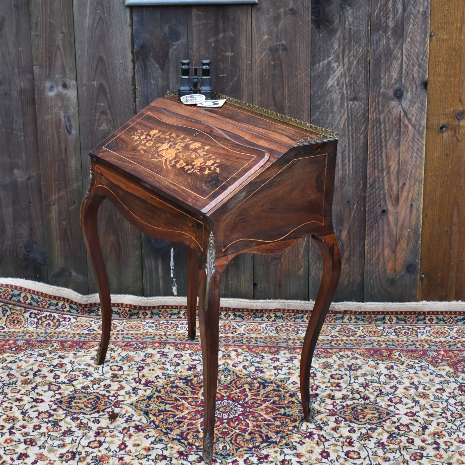Furniture Antique French Bureau De Dame Writing Desk Ladies Marquetry Ormulu Bombe Style photo
