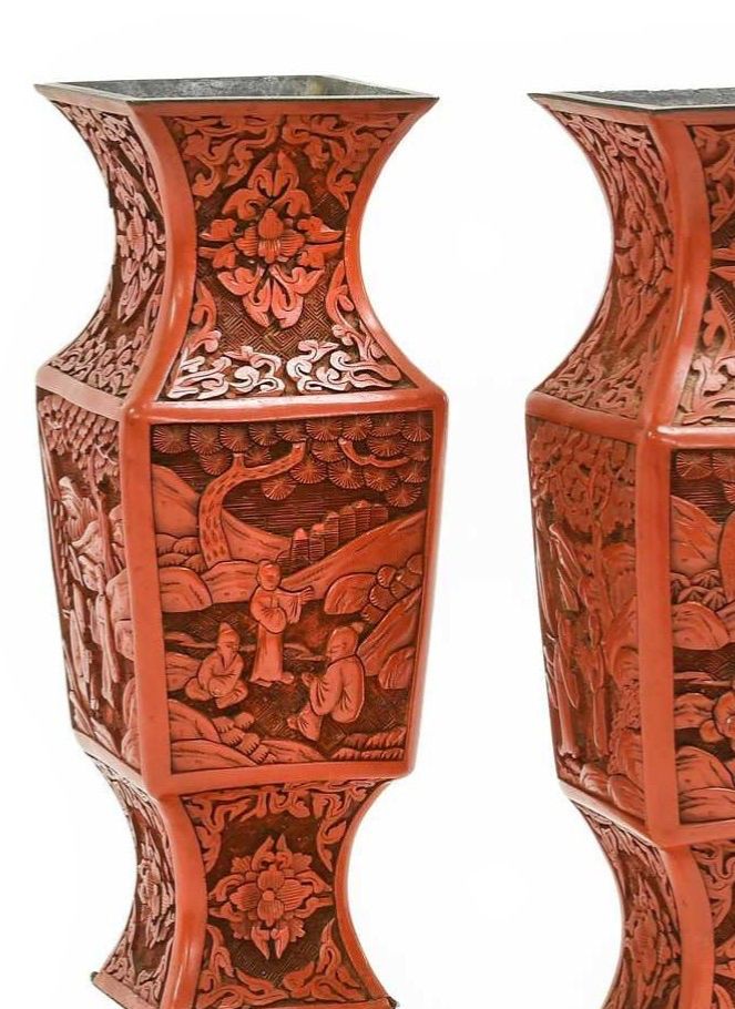 Pair Of Chinese Cinnabar Lacquer Vases 19th Century photo Home Decor