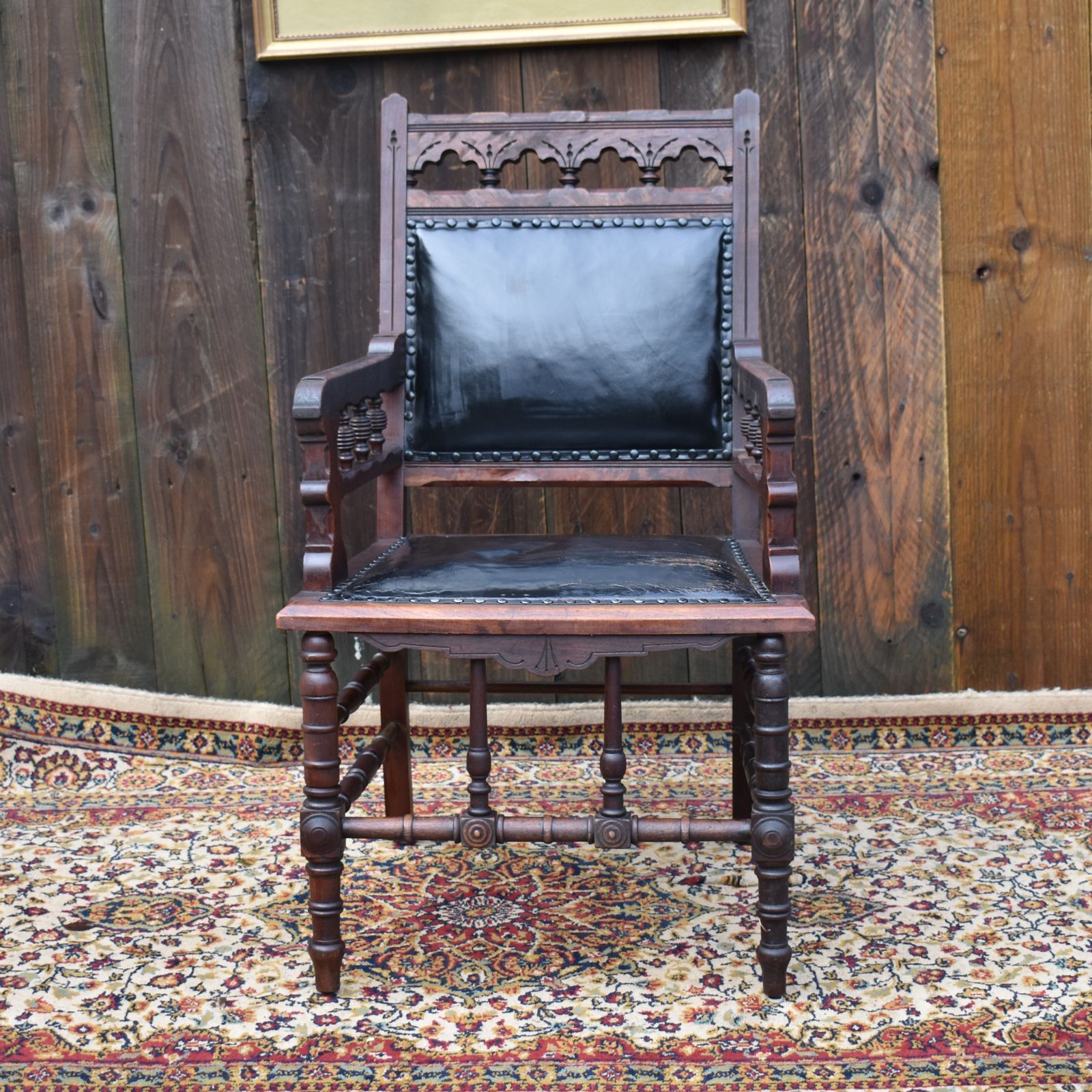 Antique 19th Century Gothic Revivel Leather Carved Oak Library Reading Armchair photo for sale