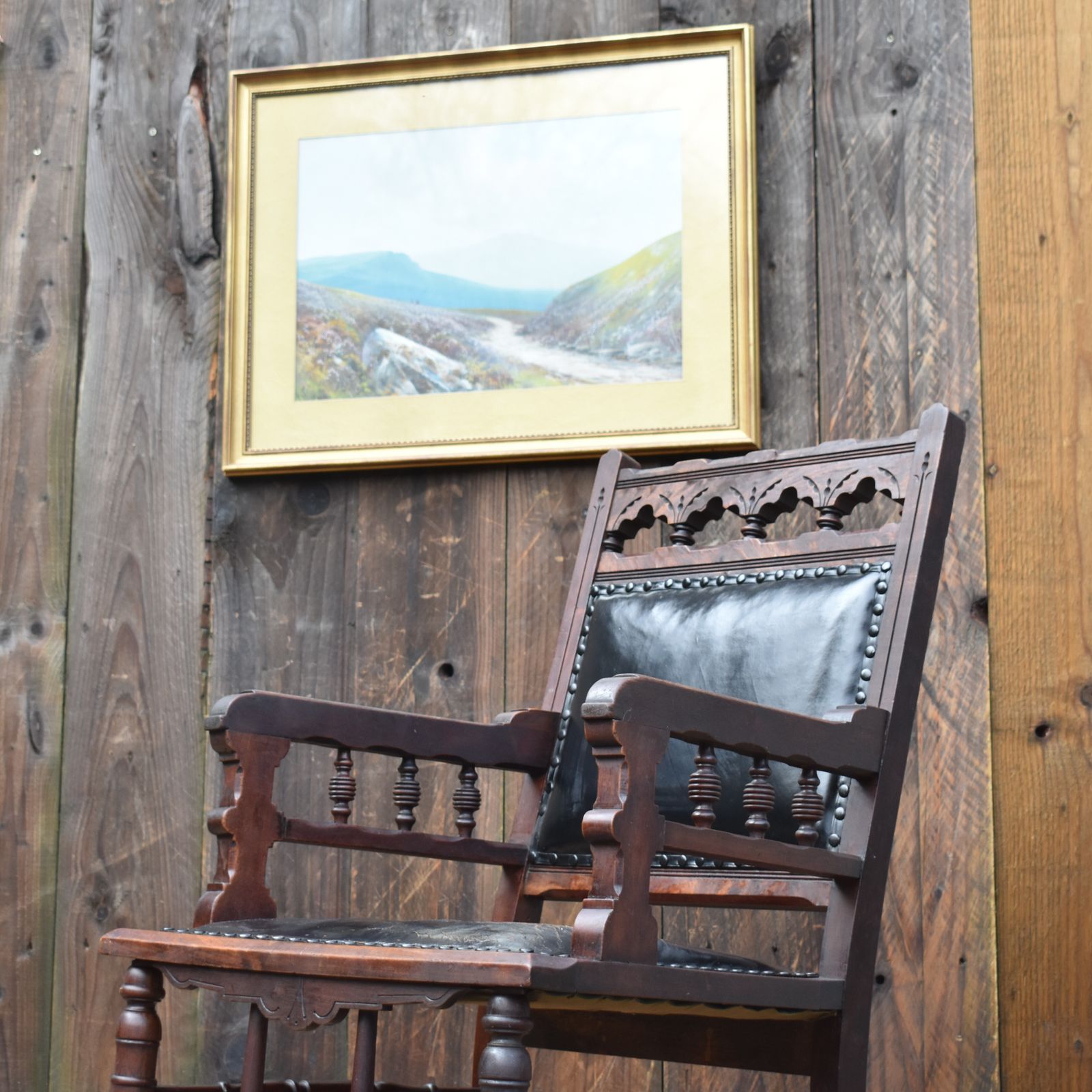 photo for sale Antique 19th Century Gothic Revivel Leather Carved Oak Library Reading Armchair