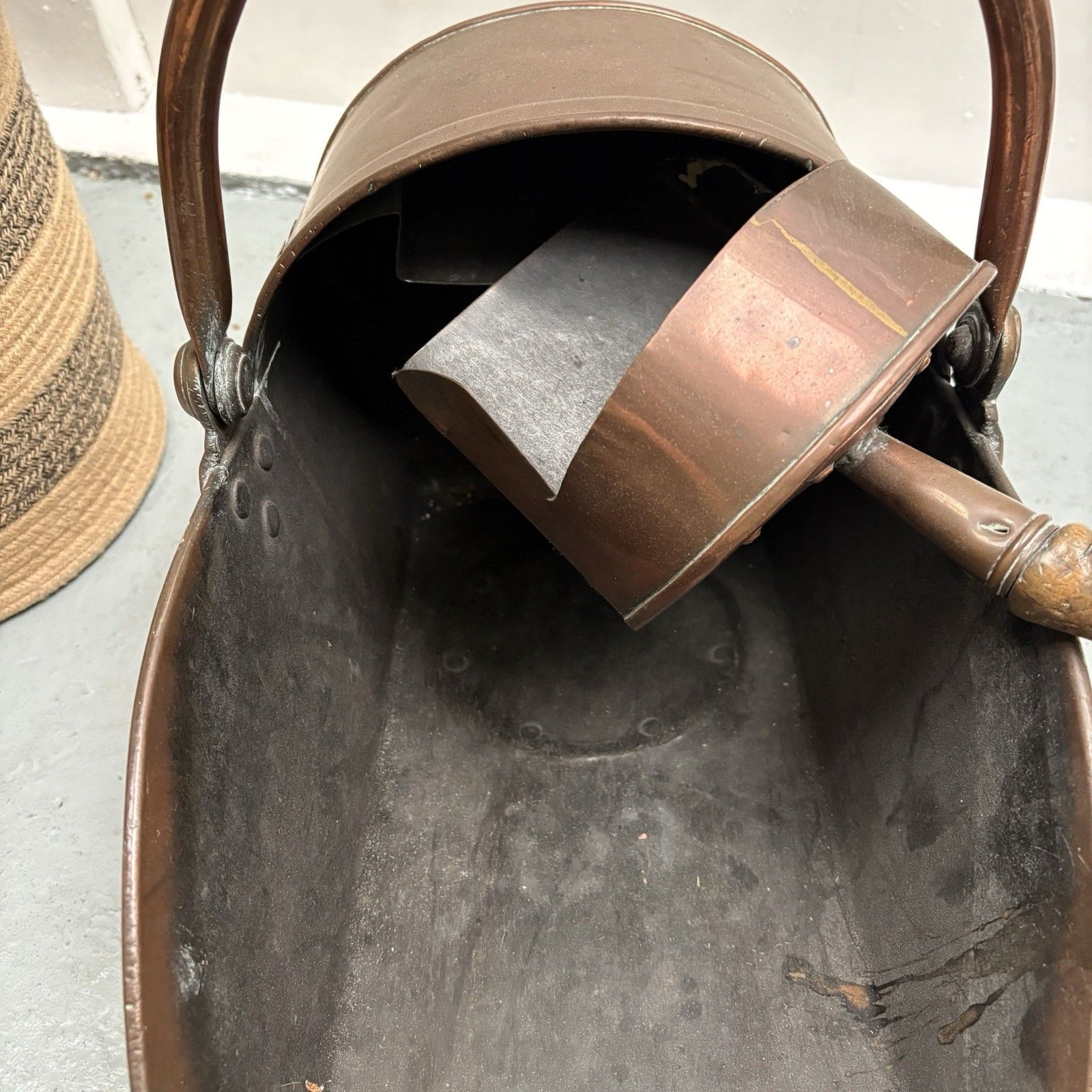 photo furniture Large Arts & Crafts Copper Helmet Coal Scuttle With Original Scoop
