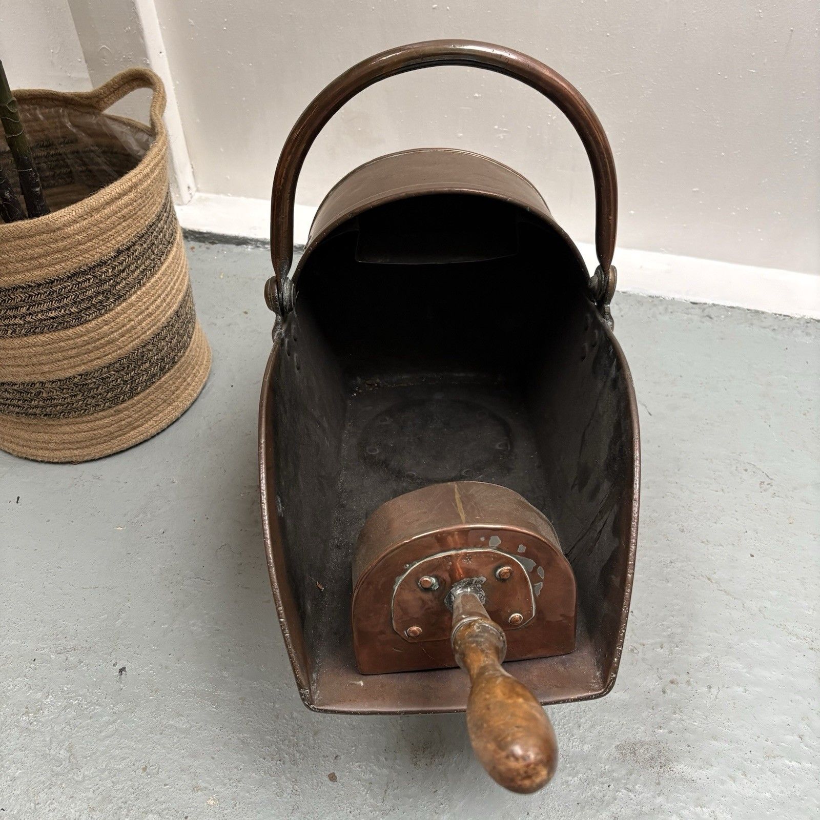 photo for sale Large Arts & Crafts Copper Helmet Coal Scuttle With Original Scoop