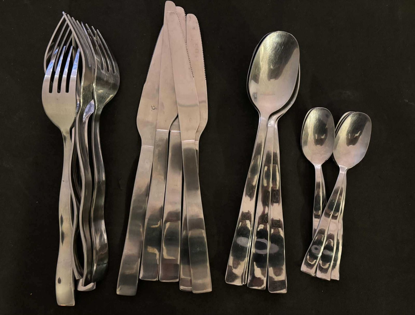 Modernist French Flatware Set For 5, Waved Stainless Steel Cutlery