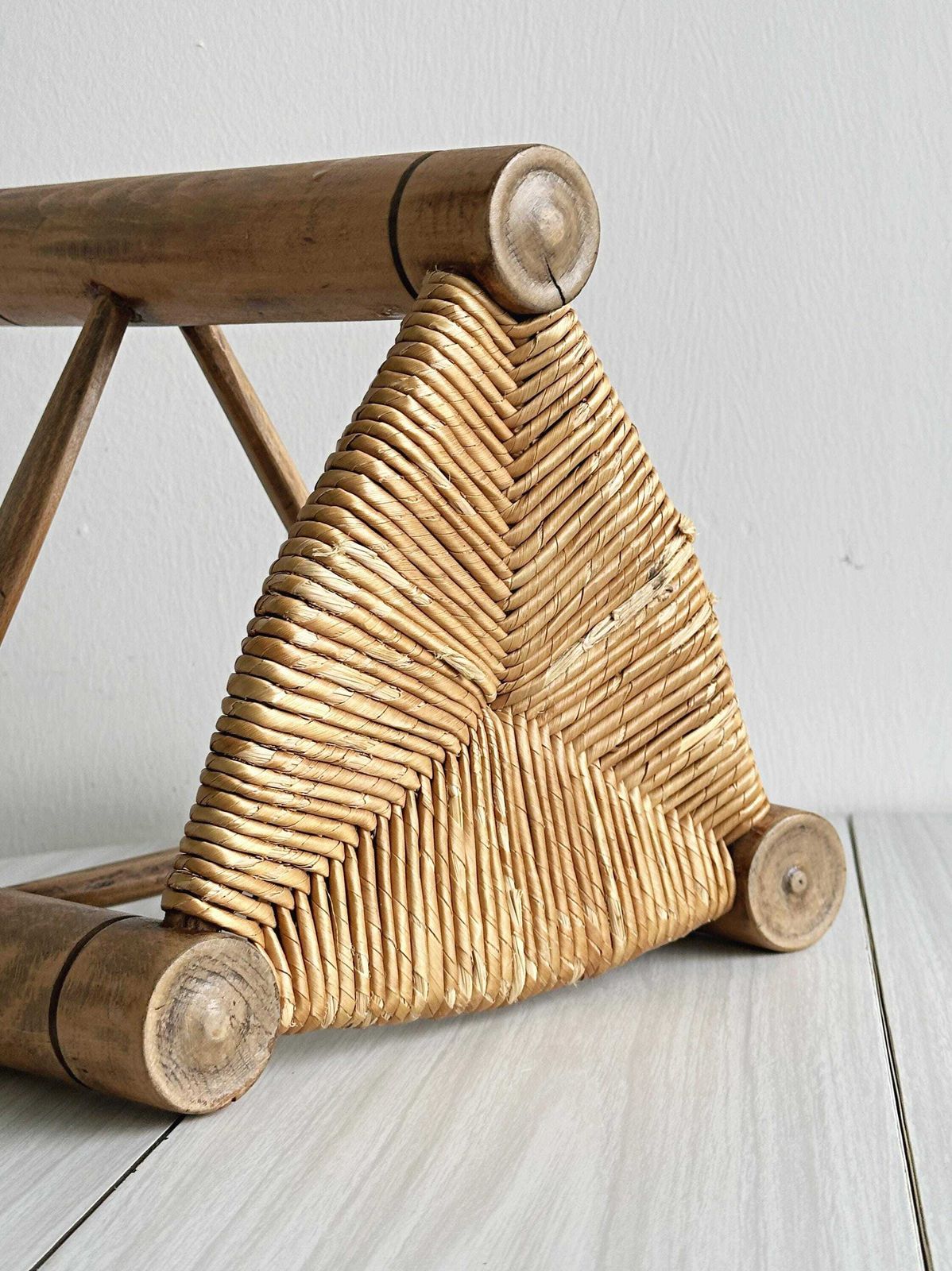 Antique Tripod Stool In Light Wood With A Woven Straw Seat, Rustic And Minimalist Piece Of Furniture, Cozy And Authentic Interior, Gift photo Furniture