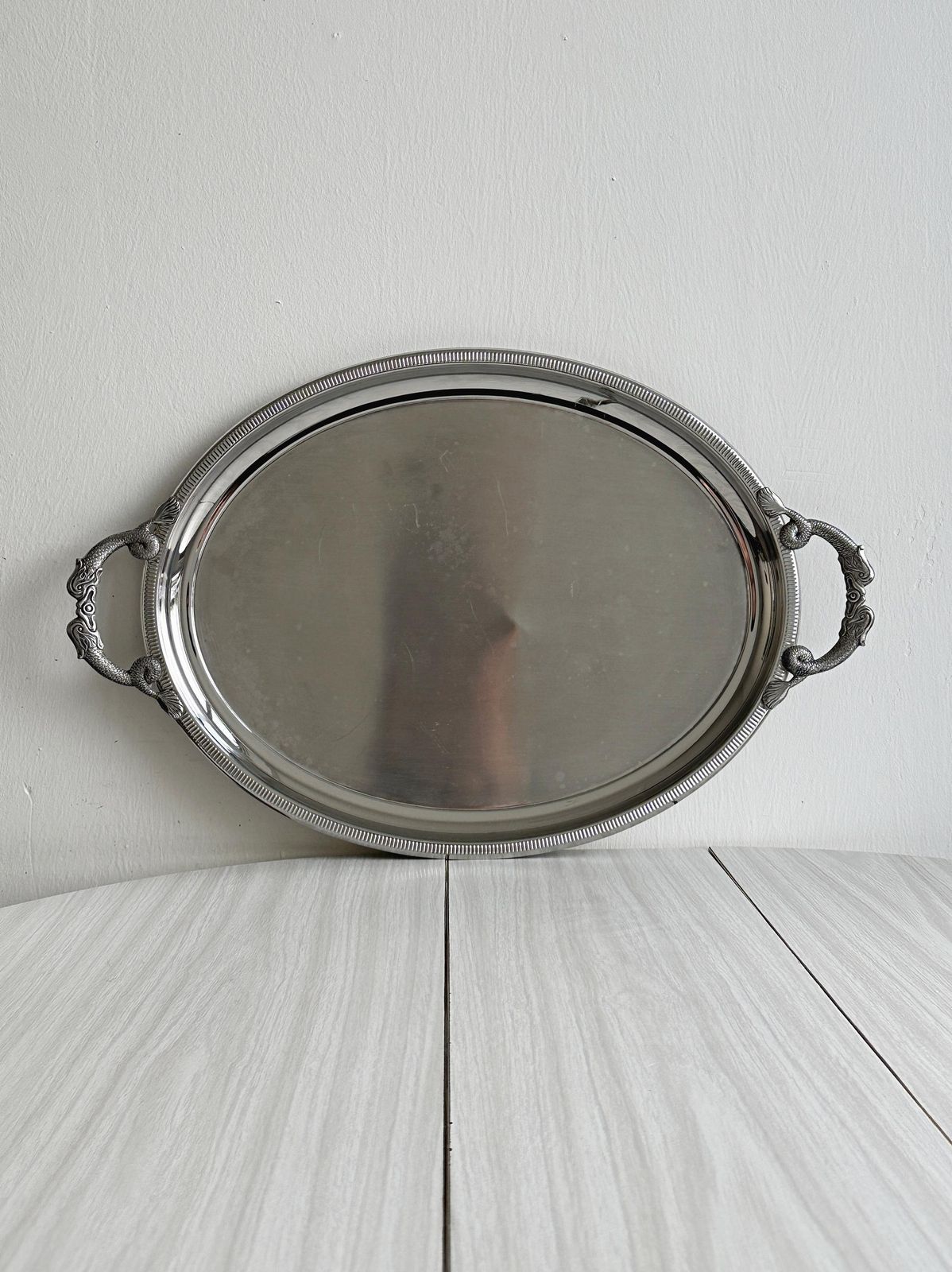 Large Stainless Steel Serving Tray With Fish Shaped Handles, Elegant Marine Inspired Serving Tray, Shiny Metal, Refined Gift.