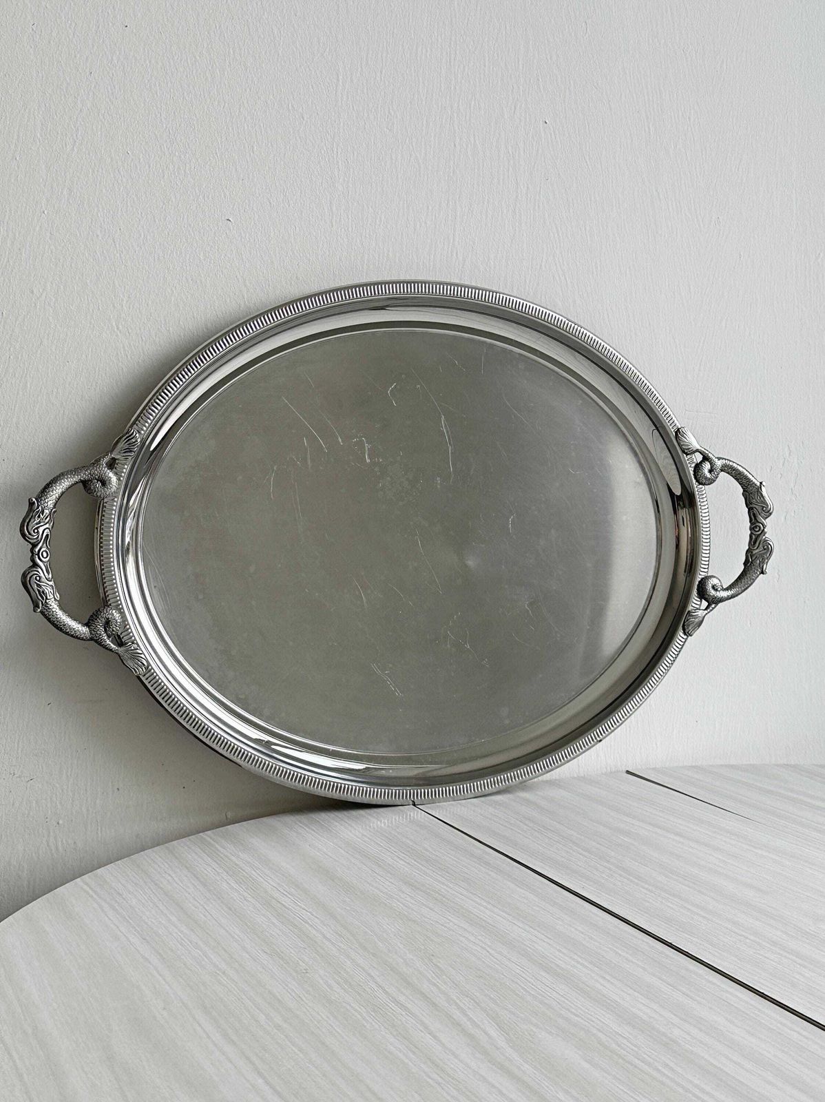 Large Stainless Steel Serving Tray With Fish Shaped Handles, Elegant Marine Inspired Serving Tray, Shiny Metal, Refined Gift. photo for sale