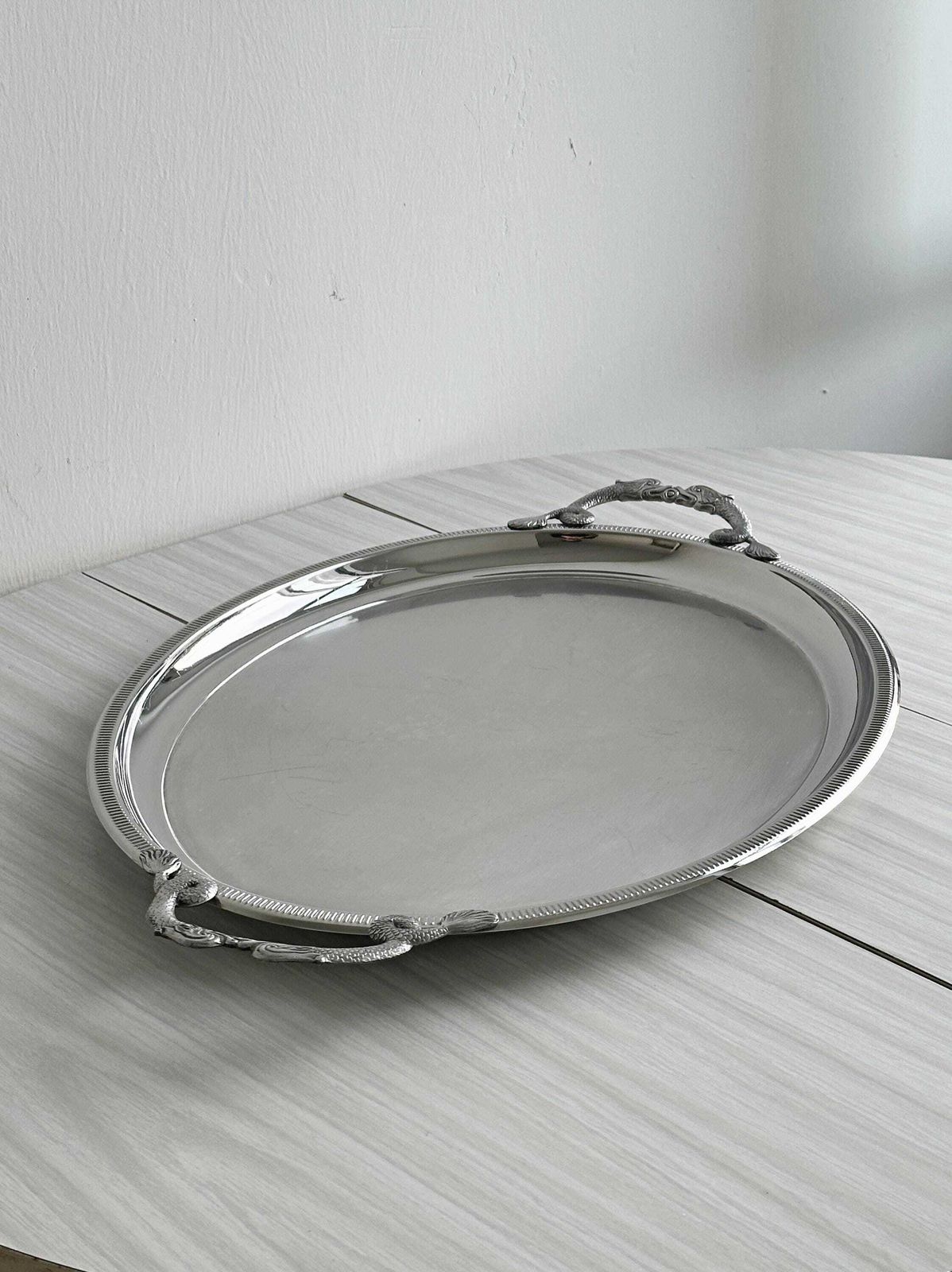 Large Stainless Steel Serving Tray With Fish Shaped Handles, Elegant Marine Inspired Serving Tray, Shiny Metal, Refined Gift. photo 145.0