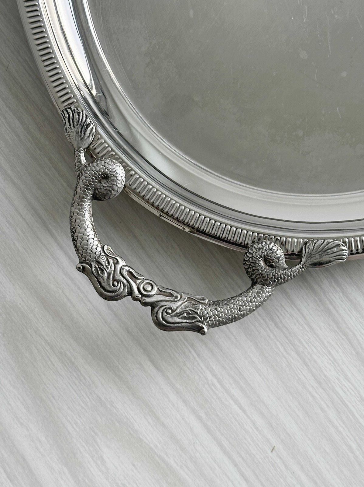 Large Stainless Steel Serving Tray With Fish Shaped Handles, Elegant Marine Inspired Serving Tray, Shiny Metal, Refined Gift. photo vinterior