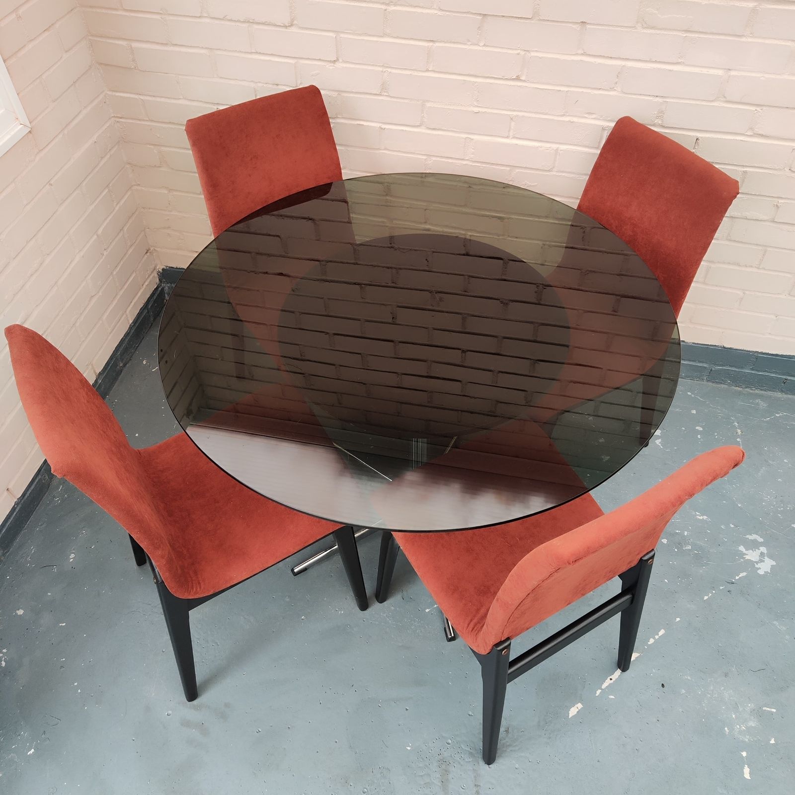 Mid Century Smoked Glass Dining Table With 4 Reupholstered Designer Chairs photo Furniture