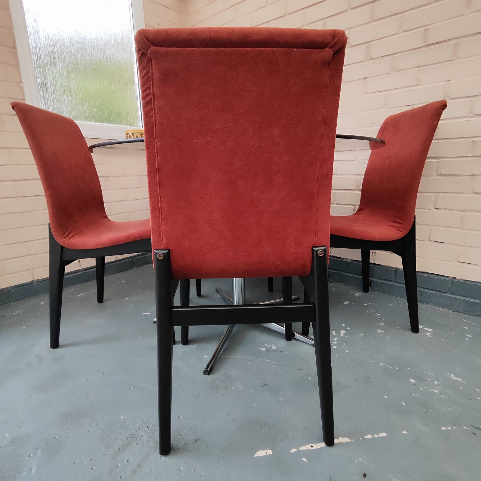 Mid Century Smoked Glass Dining Table With 4 Reupholstered Designer Chairs photo 405.0