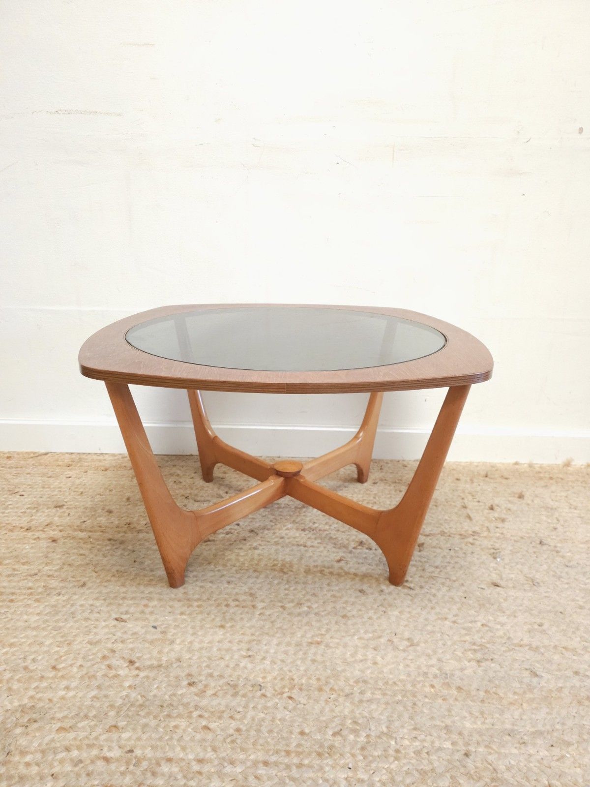 Mid Century Coffee Table Retro Smoked Glass Top Glazed Round Teak Delivery photo furniture