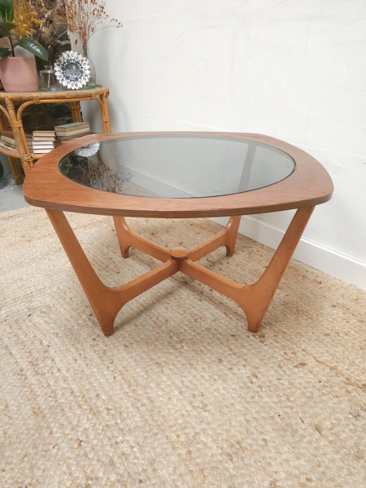 Mid Century Coffee Table Retro Smoked Glass Top Glazed Round Teak Delivery photo Furniture