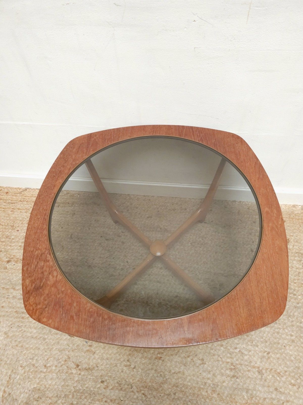 Mid Century Coffee Table Retro Smoked Glass Top Glazed Round Teak Delivery photo 170.0