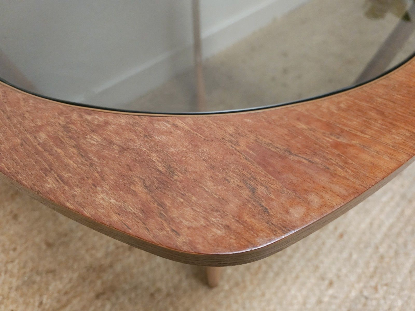 Mid Century Coffee Table Retro Smoked Glass Top Glazed Round Teak Delivery photo vinterior