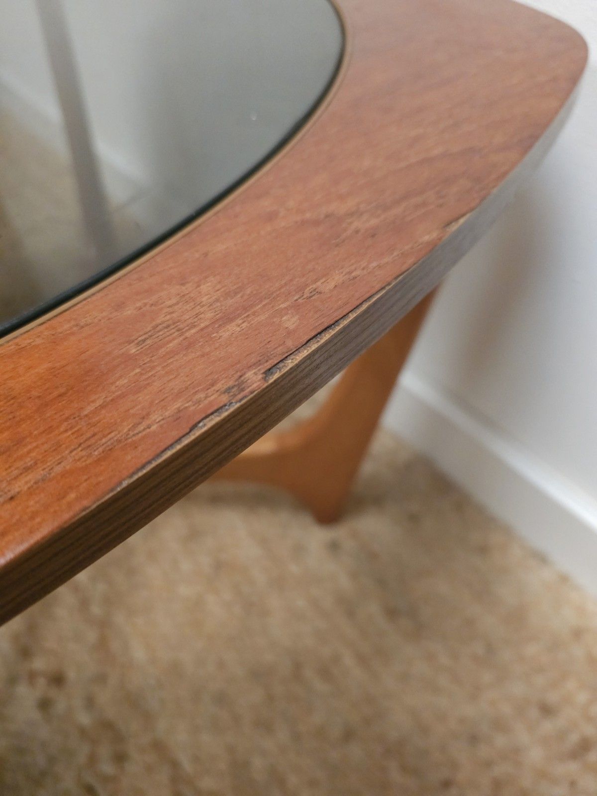 Mid Century Coffee Table Retro Smoked Glass Top Glazed Round Teak Delivery photo vintage