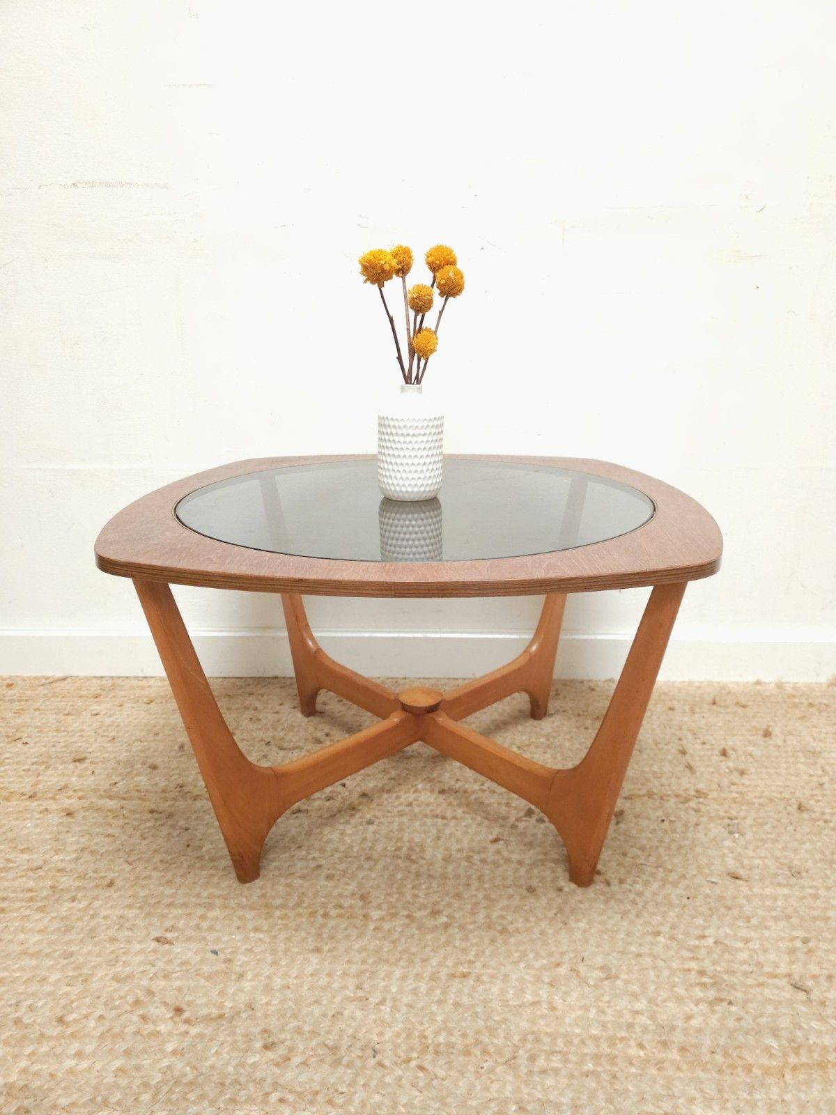 photo furniture Mid Century Coffee Table Retro Smoked Glass Top Glazed Round Teak Delivery