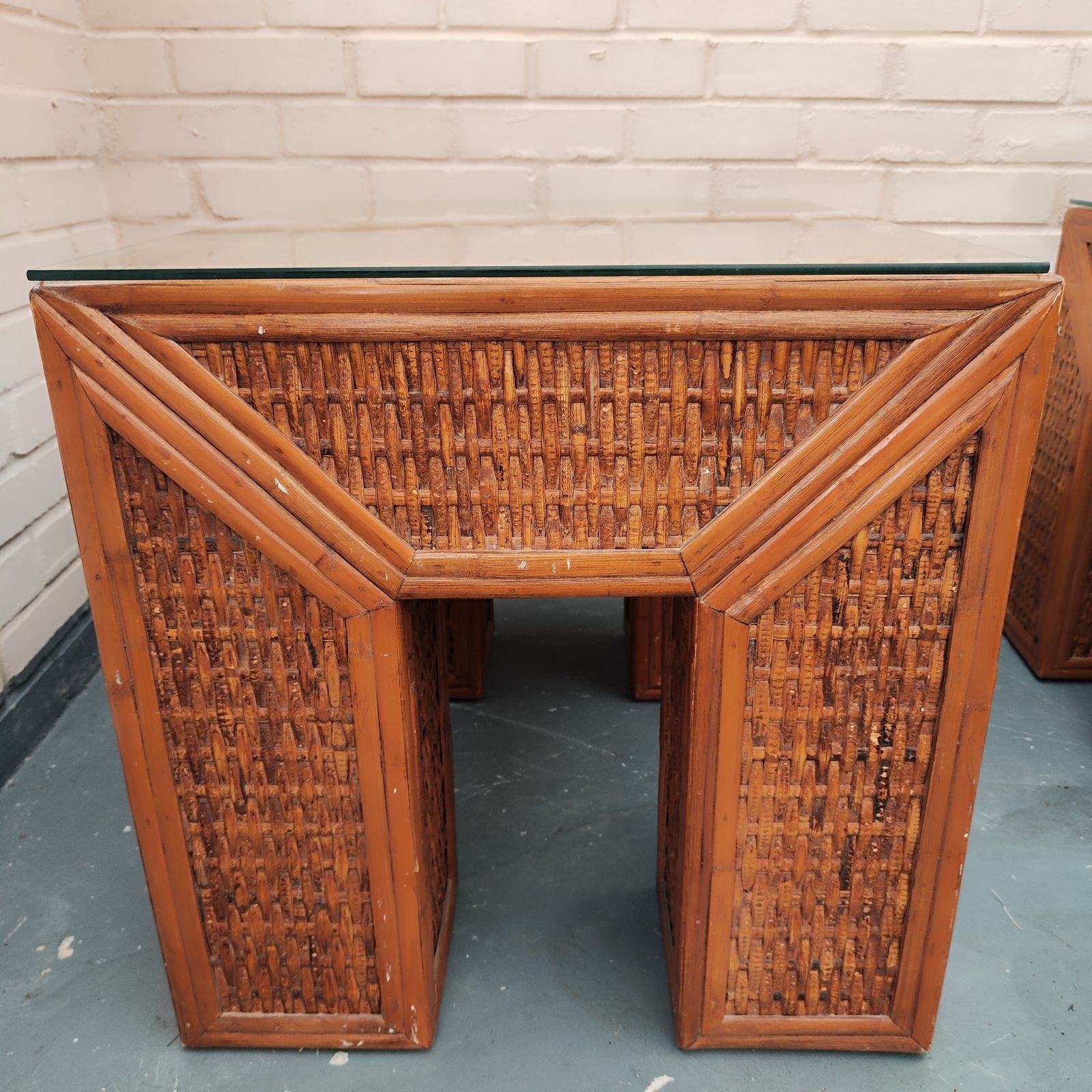 Pair Of Vintage Rattan & Solid Wood Side Tables With Glass Tops photo 205.0