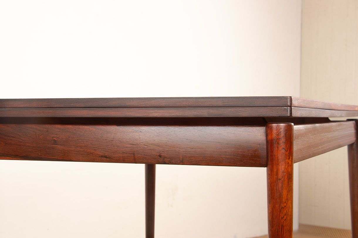 photo furniture Extendable Danish Dining Table In Rosewood And Brass By Poul Volther For Frem Møbelfabrik 1960.