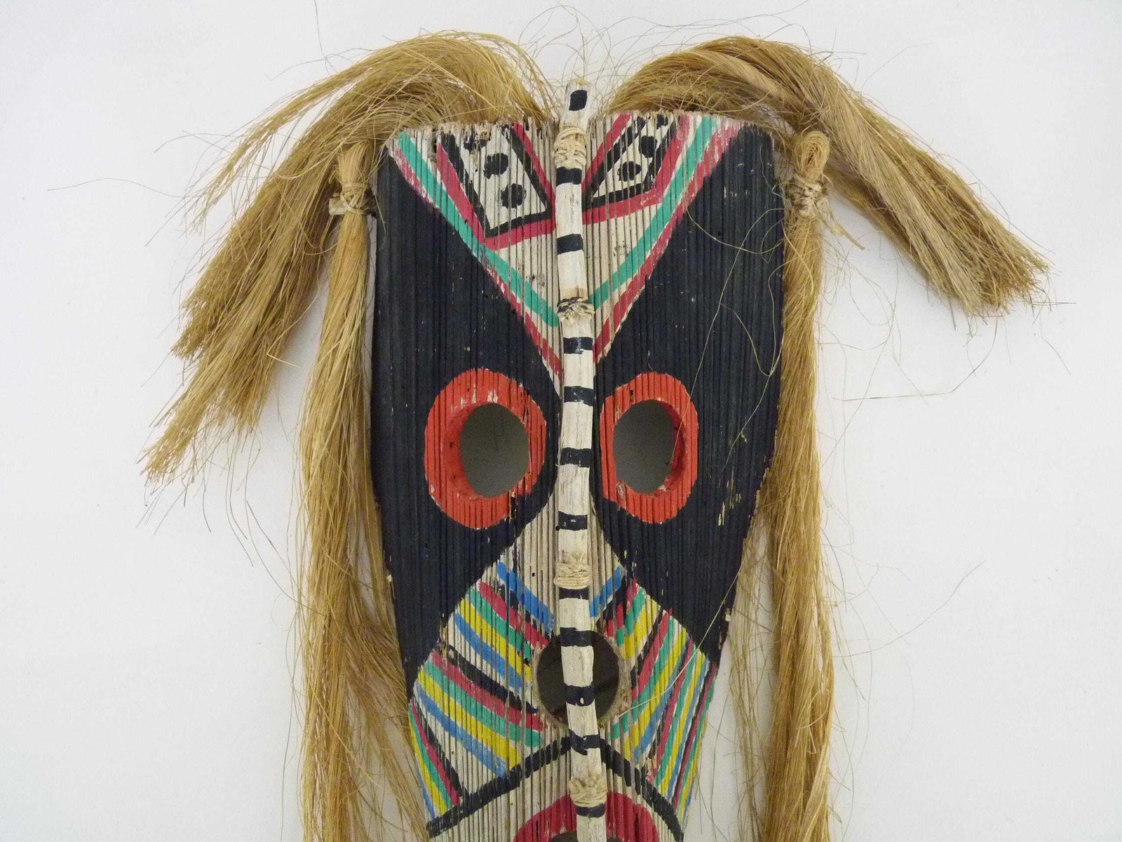 Vintage Brazilian Folk Art Wooden And Raffia Wall Mask photo Art
