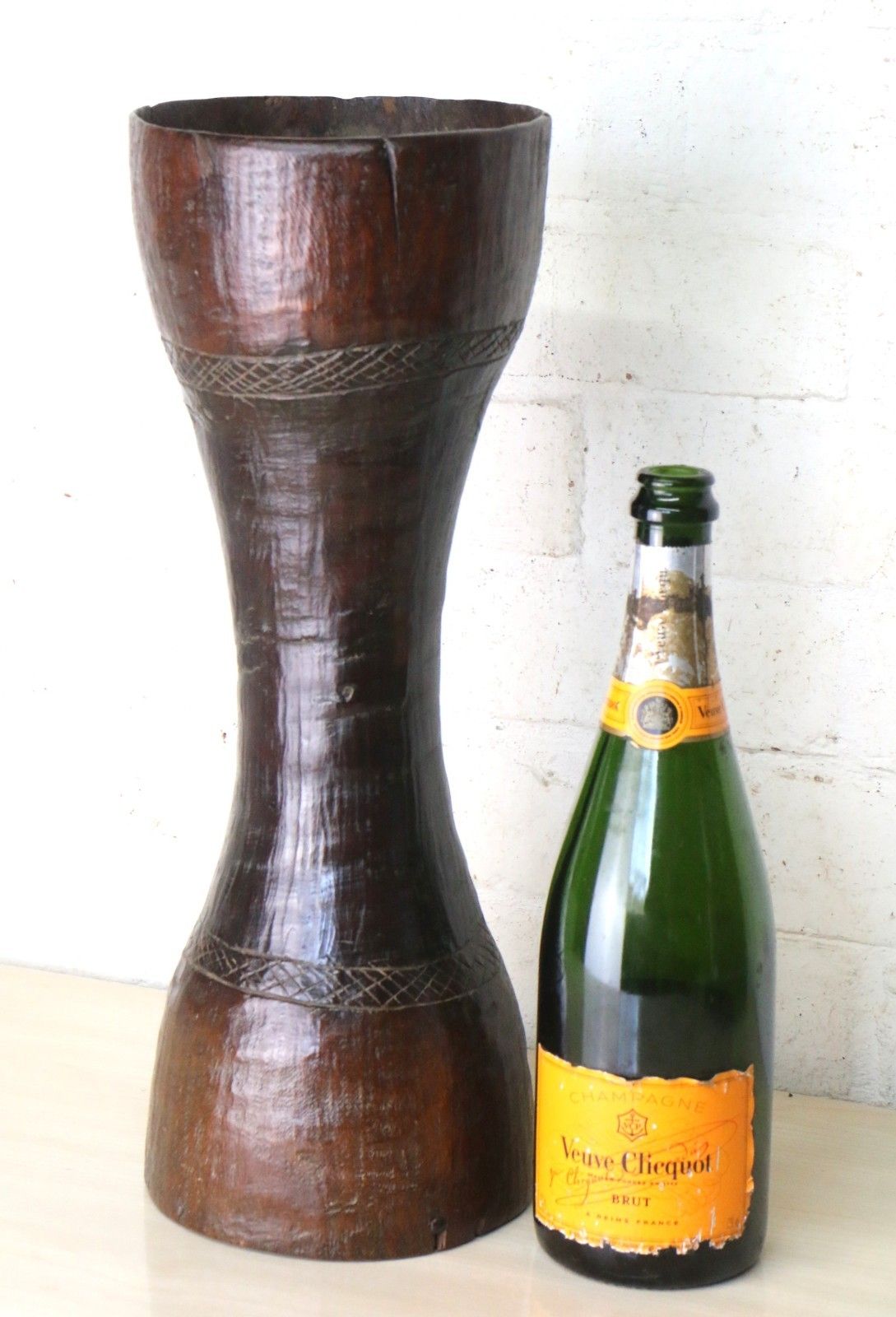 African Carved Tall Wooden Vase With Copper Insert 19th C. Ancient Drum Conversion South Africa