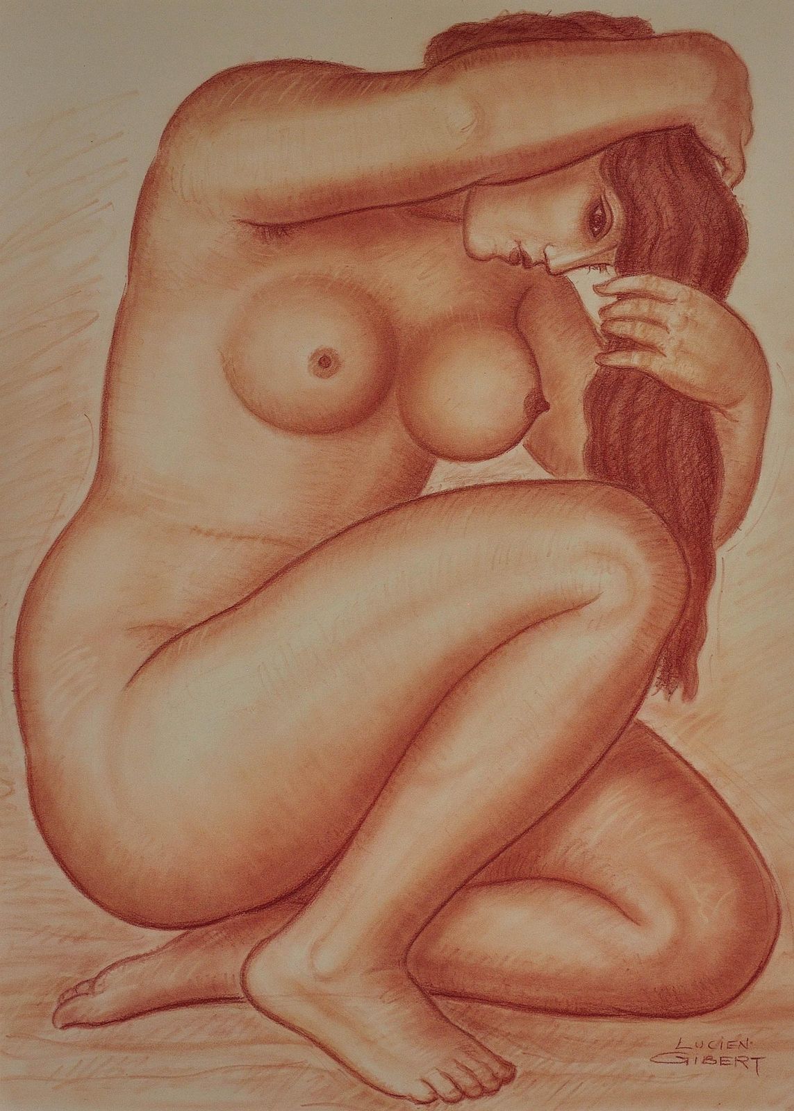 Lucien Gibert 1904 To 1988. Ses Flamboyantes Mèches De Cheveux Auburn (Her Flaming Locks Of Auburn Hair). Framed French Art Deco 1930s Drawing. photo furniture