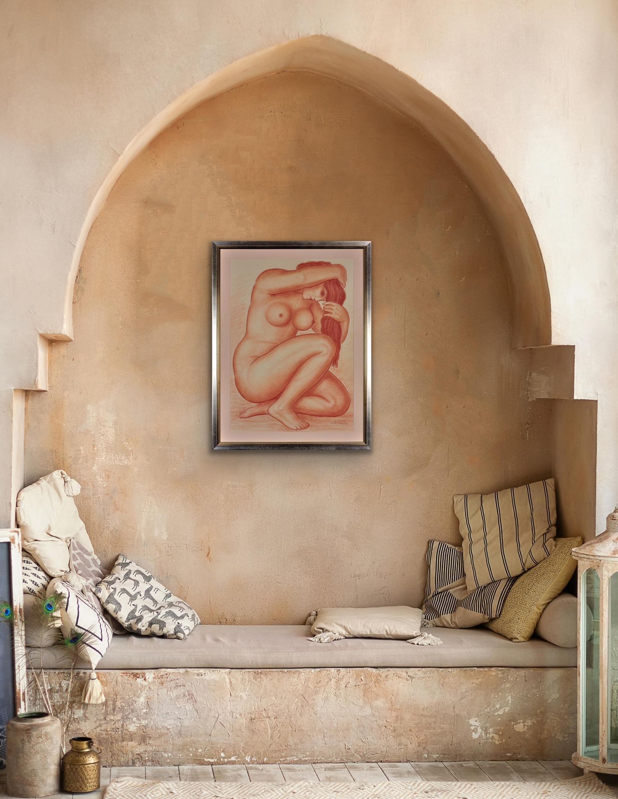 photo for sale Lucien Gibert 1904 To 1988. Ses Flamboyantes Mèches De Cheveux Auburn (Her Flaming Locks Of Auburn Hair). Framed French Art Deco 1930s Drawing.