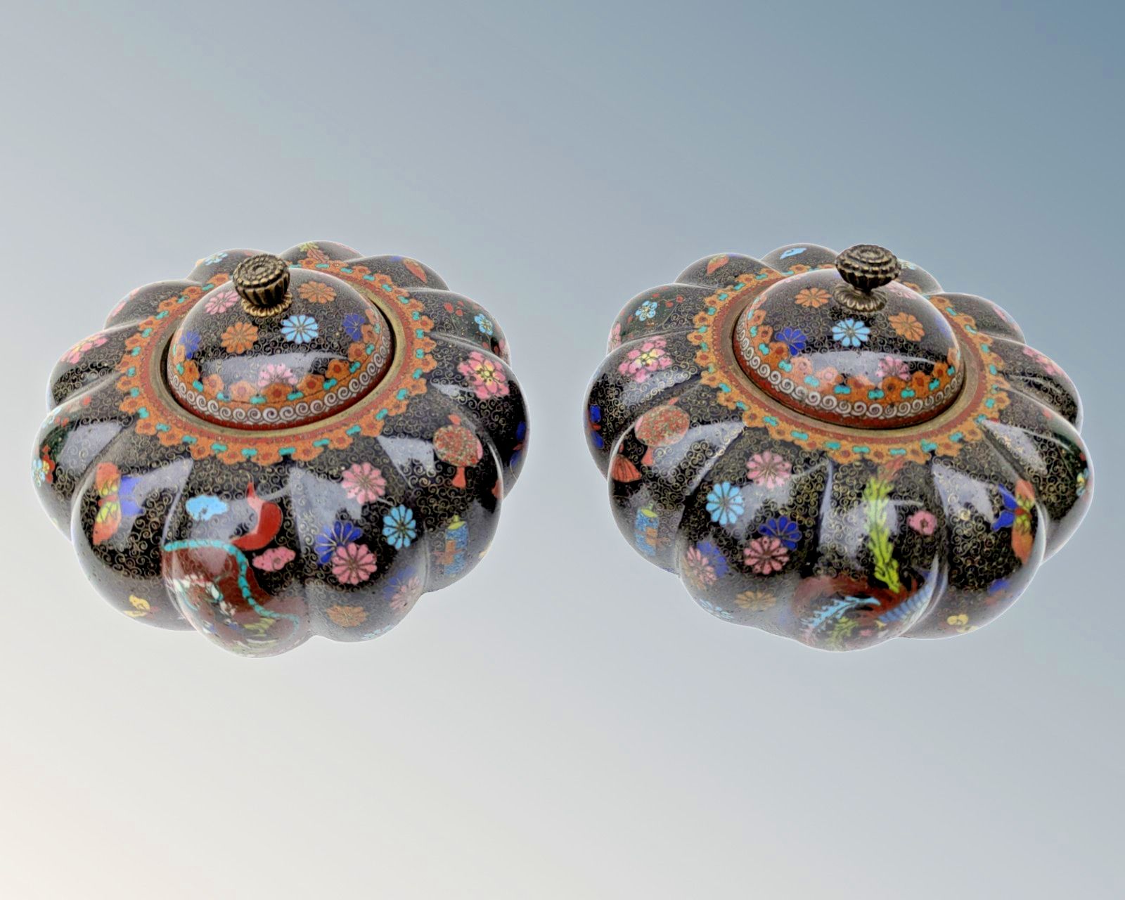 Pair Japanese Meiji Cloisonne Lidded Gourd Pots photo furniture