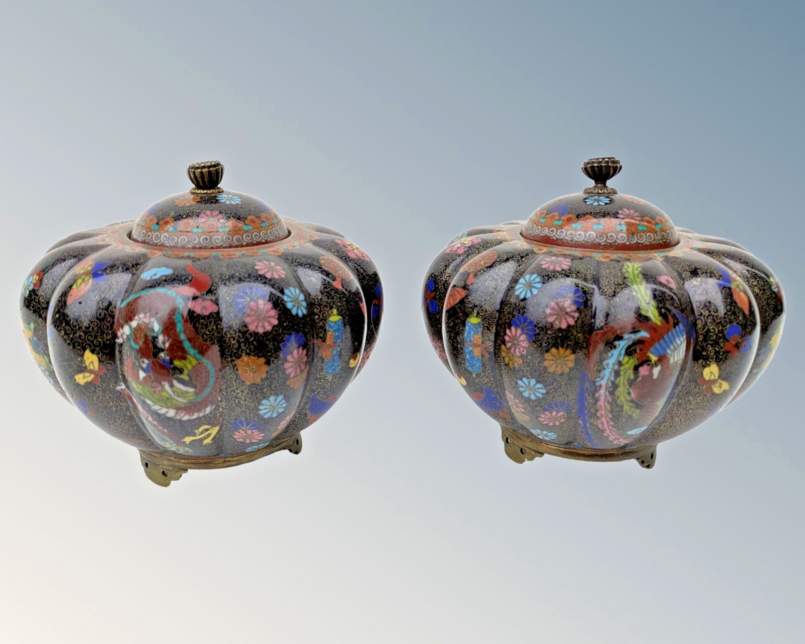 Pair Japanese Meiji Cloisonne Lidded Gourd Pots photo buy